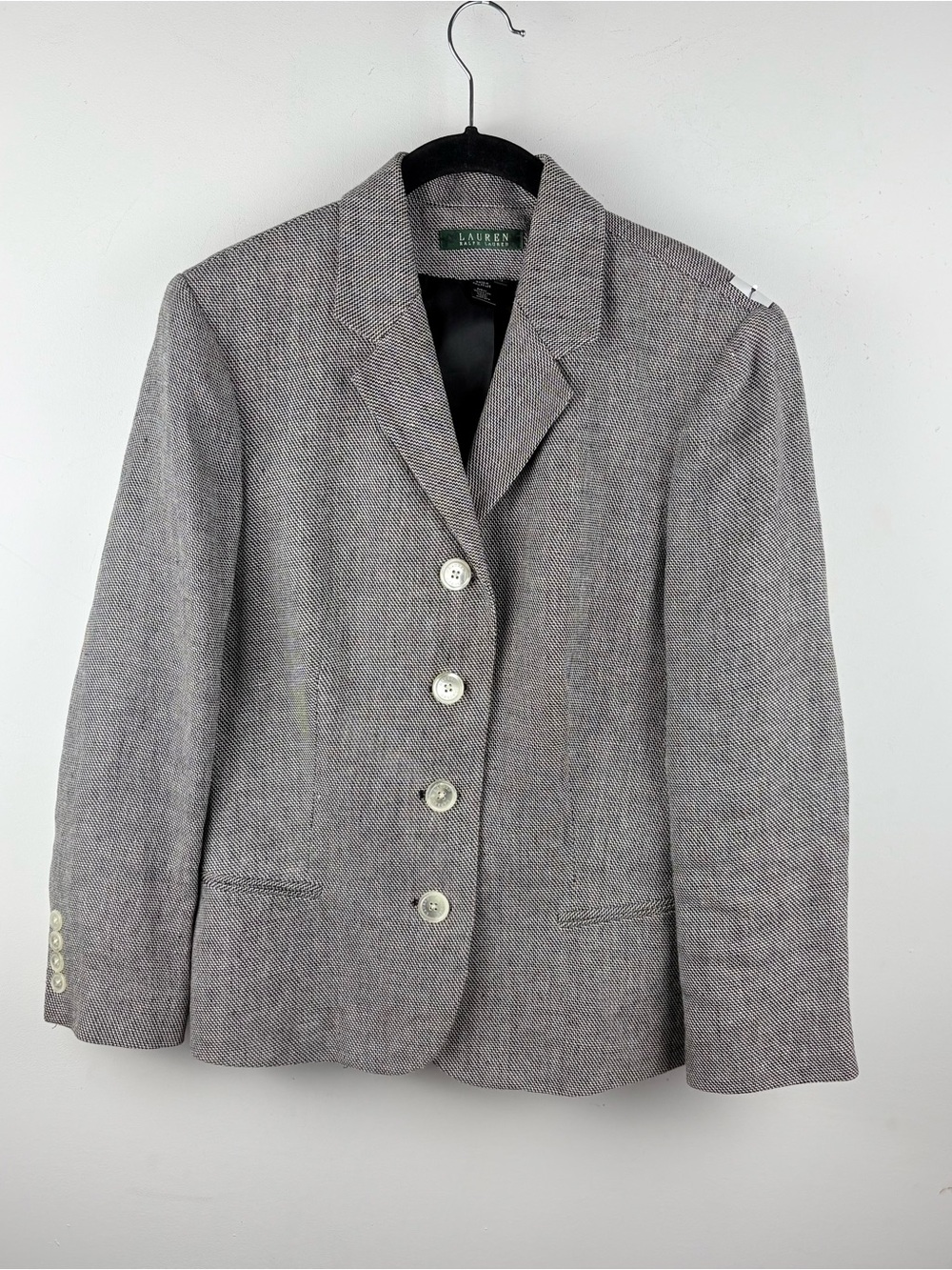 Ralph Lauren Womens Gray Herringbone 100% Linen Blazer Jacket Sz 12 Work Capsule